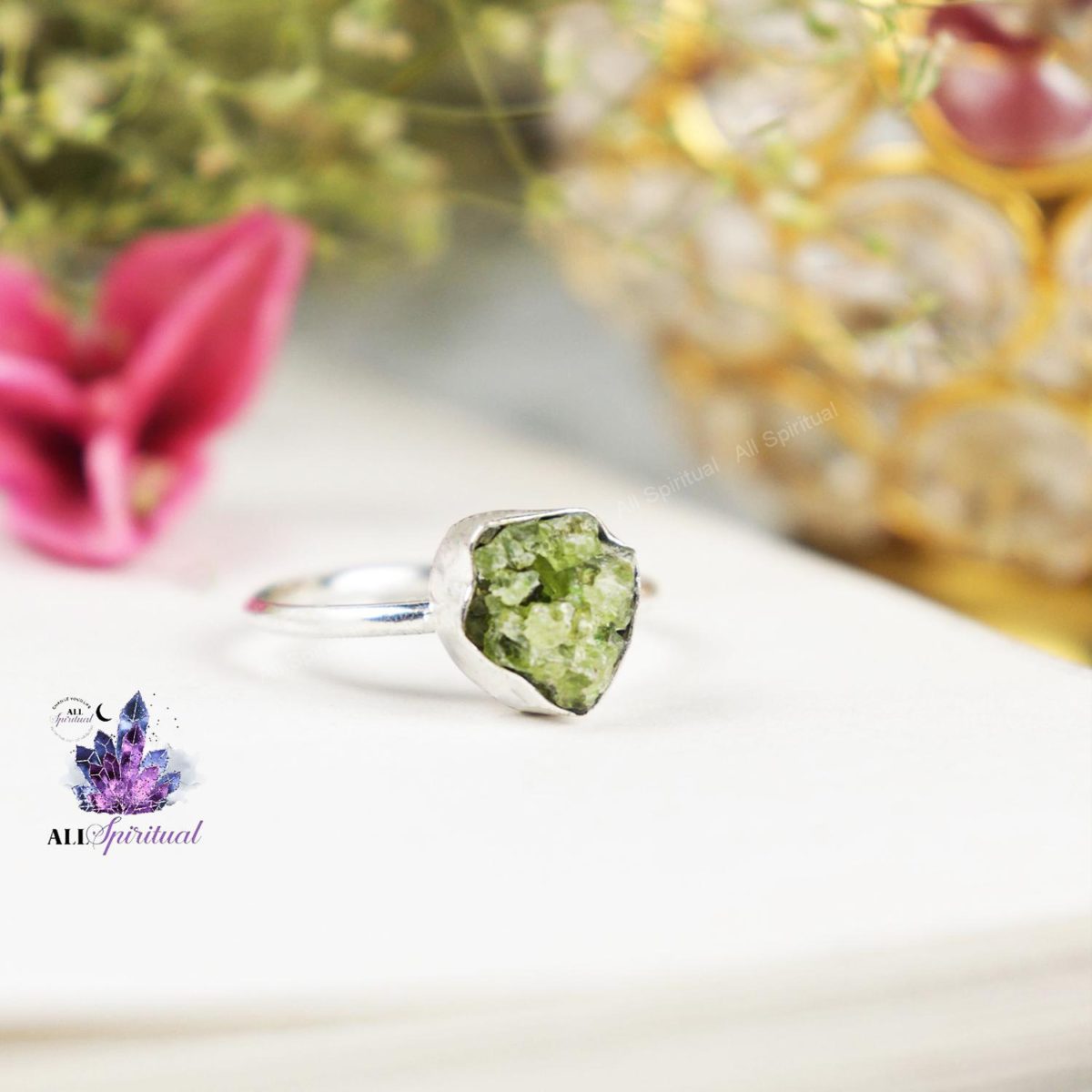 Peridot Silver Adjustable Crystal Ring (Manifestation )