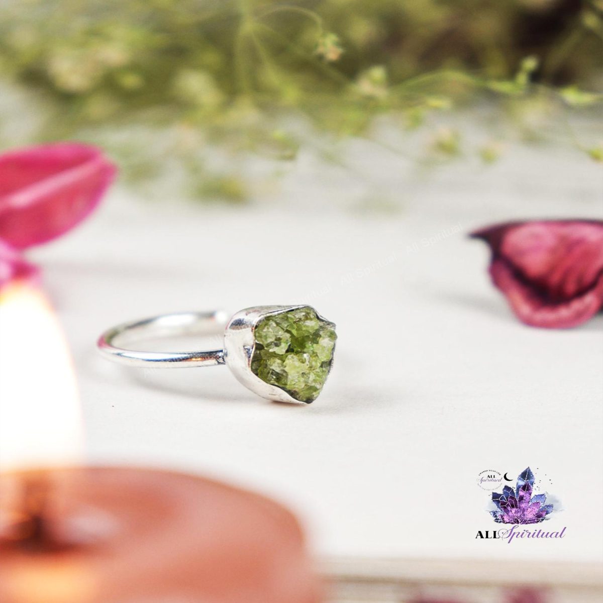 Peridot Silver Adjustable Crystal Ring (Manifestation )