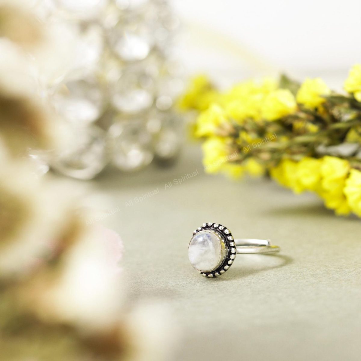 Rainbow Moonstone Silver Dipped Adjustable Ring