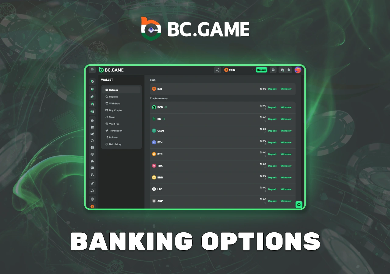 Available options for deposits and withdrawals
