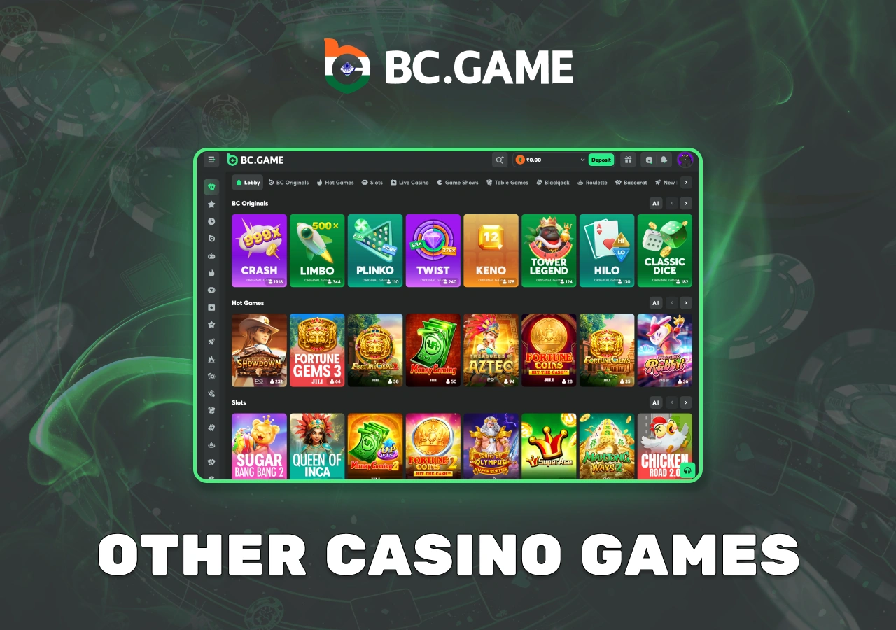 Variety of games at the popular BC Game casino